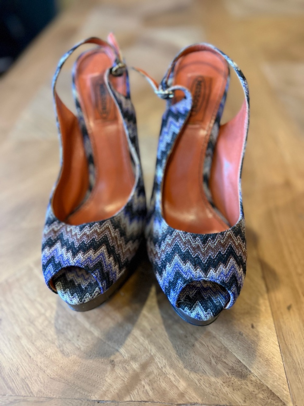Missoni Chevron Peep-Toe Slingback Heels in Blue, Purple and Black